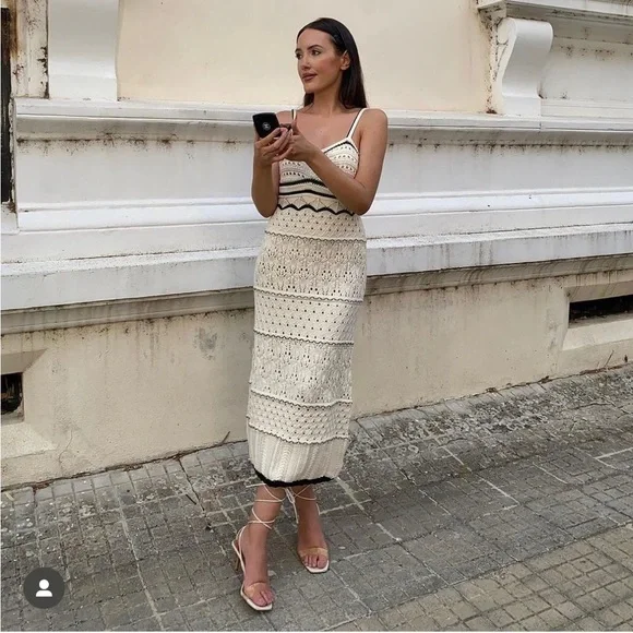 Ivory and black knit crochet spring summer midi dress - Picture 4 of 4